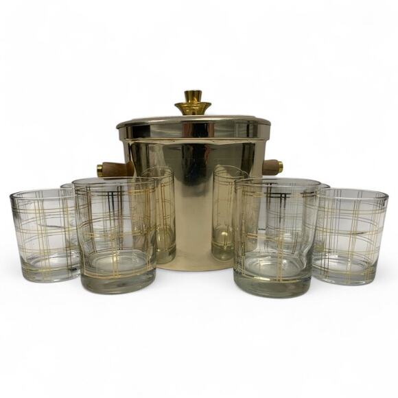 Georges Briones Gold Tone Ice Bucket w 6 Mid Century Plaid Print Rocks Glasses - Picture 6 of 10
